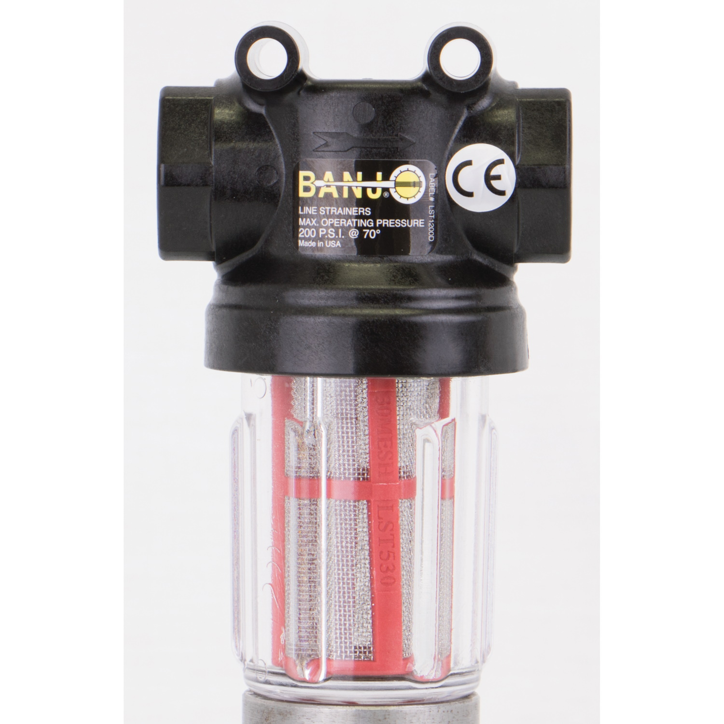 1/2-inch X 1/2-inch Mini T Strainer w/ 30 Mesh Screen & Clear Bowl | LSTM050-30C | Banjo Corporation | Category-Line Strainer, Connector Type-Female NPT, Material-Polypropylene