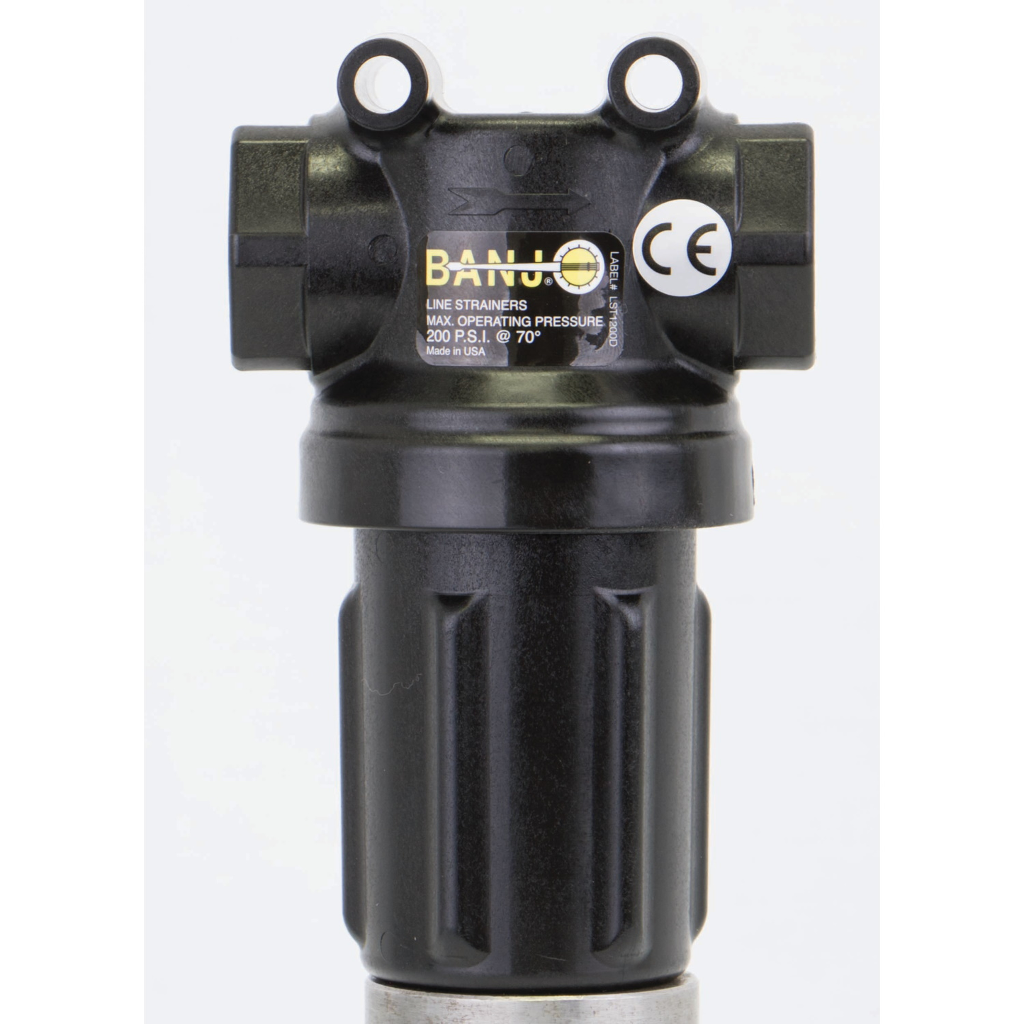 3/4-inch X 3/4-inch Mini T Strainer w/ 80 Mesh Screen & Black Bowl | LSTM075-80 | Banjo Corporation | Category-Line Strainer, Connector Type-Female NPT, Material-Polypropylene
