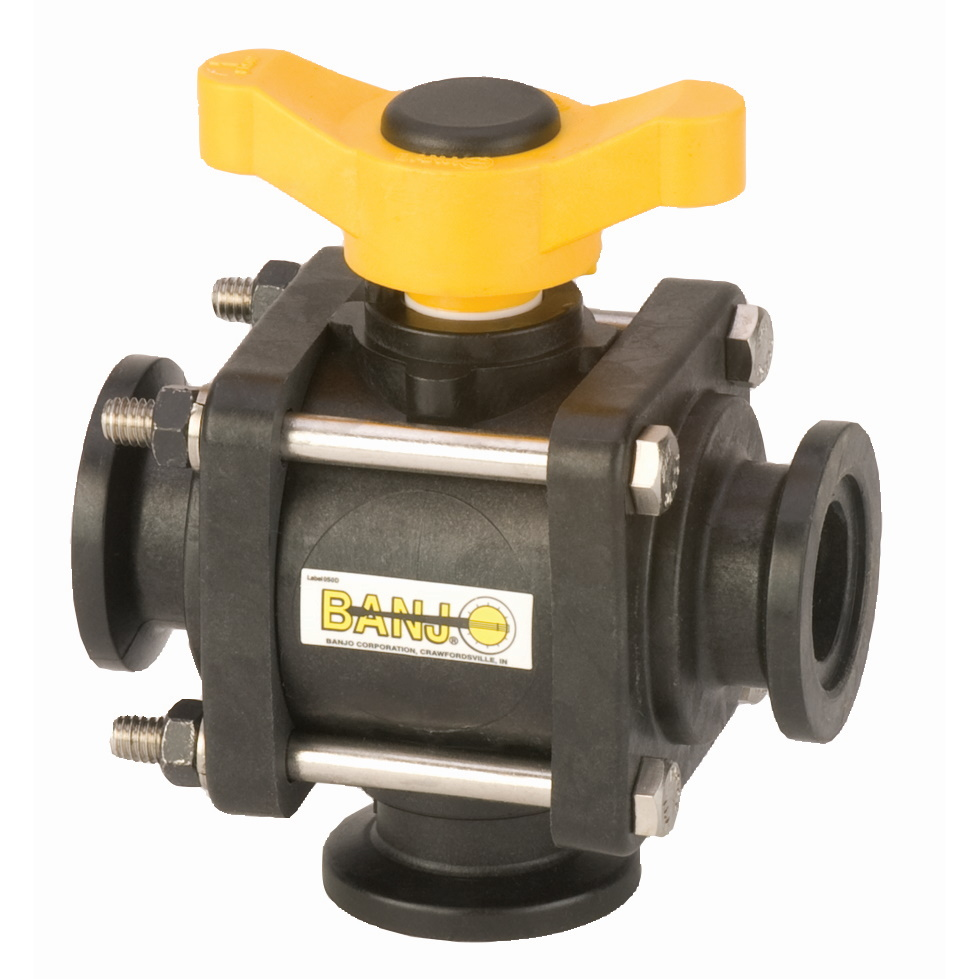 PP Valve 3 Way BTM 1-inch FLG X 1-inch FLG | MV100BL | Banjo Corporation | Category-Valve, Connector Type-Manifold Flange, Material-Polypropylene