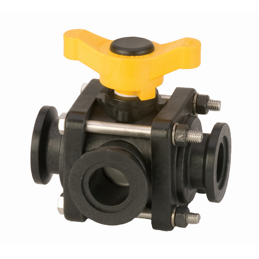 PP Valve 3 Way Side 1-inch FLG X 1-inch FLG | MV100SL | Banjo Corporation | Category-Valve, Connector Type-Manifold Flange, Material-Polypropylene