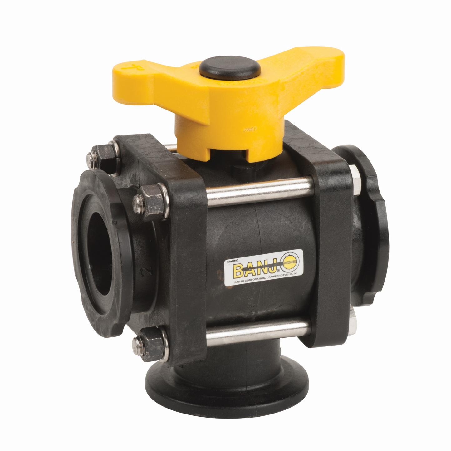 PP Valve 3 Way BTM 2-inch FLG X 2-inch FLG | MV200BL | Banjo Corporation | Category-Valve, Connector Type-Manifold Flange, Material-Polypropylene