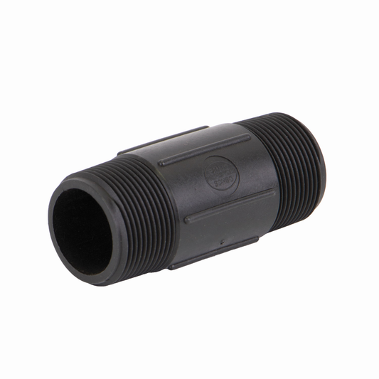 PP Adapter 4-inch Long 1 1/4-inch MNPT X 1 1/4-inch MNPT | NIP125-4 | Banjo Corporation | Category-Adapter, Connector Type-Male NPT, Material-Polypropylene