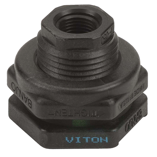 1/2-inch Poly Bulkhead FTNG FKM GSKT | TF050V | Banjo Corporation | Category-Bulkhead, Connector Type-Female NPT, Material-Polypropylene