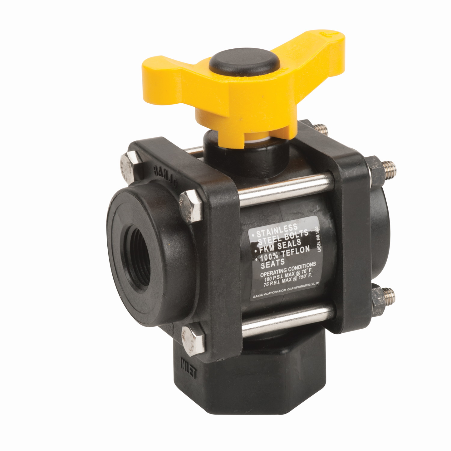 PP Valve 3 Way BTM 3/4-inch FNPT X 3/4-inch FNPT | V075BL | Banjo Corporation | Category-Valve, Connector Type-Female NPT, Material-Polypropylene
