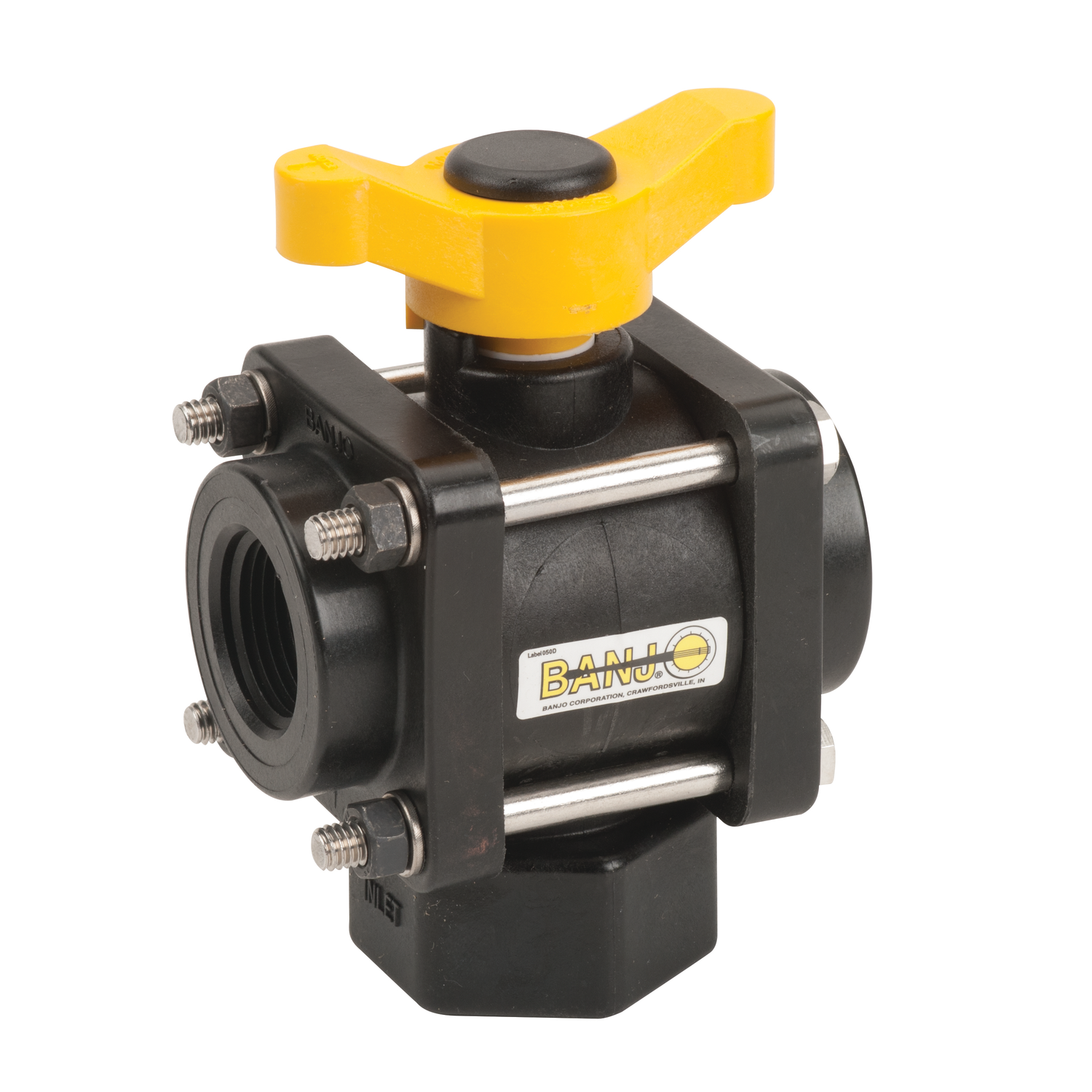 PP Valve Ball 3 Way BTM 1-inch FNPT X 1-inch FNPT | V100BL | Banjo Corporation | Category-Valve, Connector Type-Female NPT, Material-Polypropylene