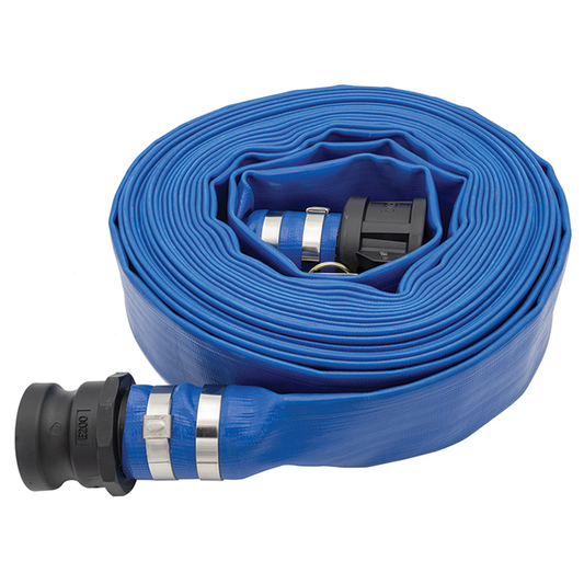 3" X 50 FT Blue PVC Lay-Flat Hose Assembly w/ Male & Female Polypropylene Cam-Lock End Fittings