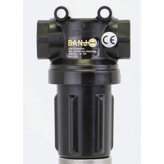 3/4-inch X 3/4-inch Mini T Strainer w/ 80 Mesh Screen & Black Bowl | LSTM075-80 | Banjo Corporation | Category-Line Strainer, Connector Type-Female NPT, Material-Polypropylene